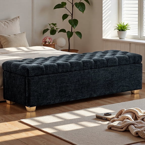 MDQMD 60" End of Bed Storage Bench King Size Black,Upholstered Storage Entryway Benches with Wood Legs,End of the Bed Bench with Storage Chenille,Window Bench for Living Room, Bedroom