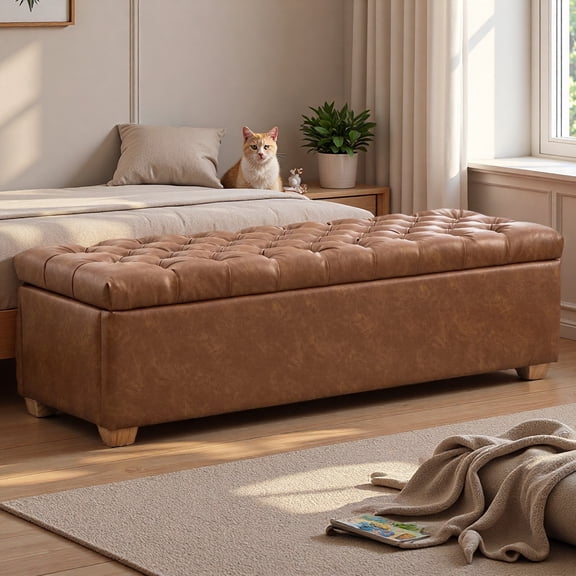 MDQMD 60" End of Bed Storage Bench King Size Brown,Faux Leather Storage Bench with Wood Legs,Upholstered Entryway Benches,Window Benches Seat for Living Room, Bedroom