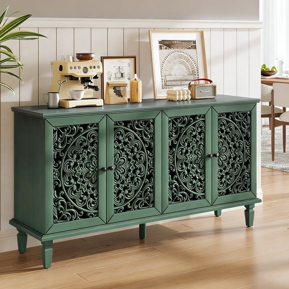 MDQMD 60"Green Sideboard Buffet Cabinet,Carved Sideboard Cabinets with Adjustable Shelves,Dining Buffet Cabinet with Storage with Wood Legs&Antique Brass Handles,TV Cabinets for Living Room