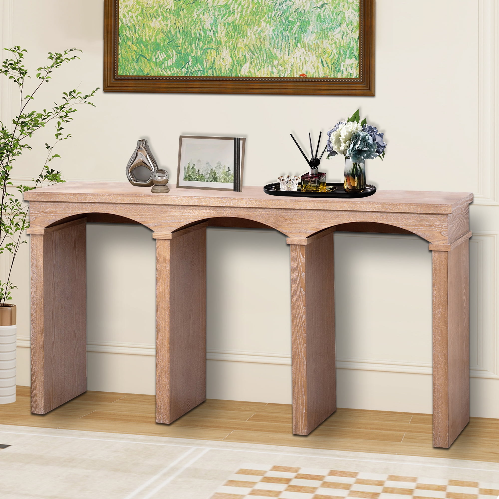 MDQMD 60'' Natural Wood Console Table with Arched Design,Rustic Mid Century Modern Entryway Table for Living Room,Foyer