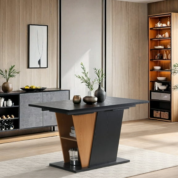 MDQMD 61.81" Extendable Dining Table with Storage Modern Wooden Kitchen Table & Office Desk Sturdy Metal Frame & MDF Base Black/Brown (46.46"-61.81" Adjustable)