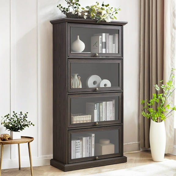MDQMD 63'' Tall Bookshelf with Flip Glass Doors for Living Room,4 Tier Wooden Display Cabinet Storage for Home,Brown