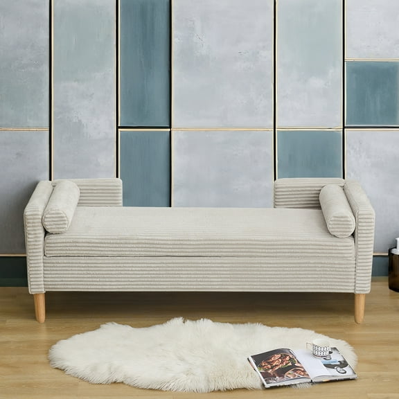 MDQMD 65" Corduroy Storage Bench with Armrests & Bolster Pillows - 350lb Capacity, Multi-Functional Sofa for Entryway, Bedroom & Living Room (Light Gray)