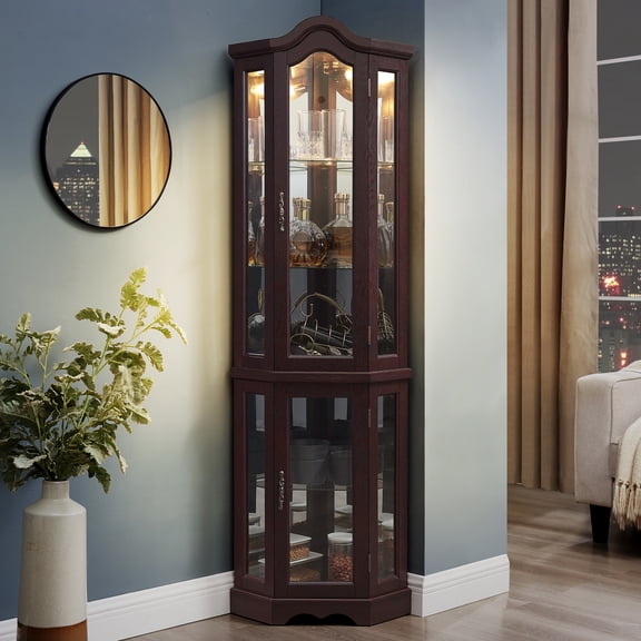 MDQMD 66.5'' Corner Curio Cabinet with Glass Doors,Glass Display Cabinet with Light for Living Room,Cherry