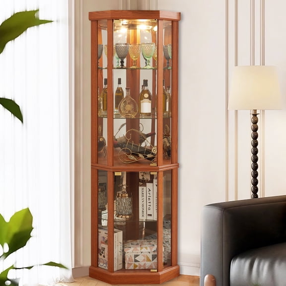 MDQMD 69.8'' Lighted Display Cabinet with Glass Doors,Corner Curio Cabinet with Adjustable Shelves,Liquor Storage Cabinet for Living Room,Dark Oak