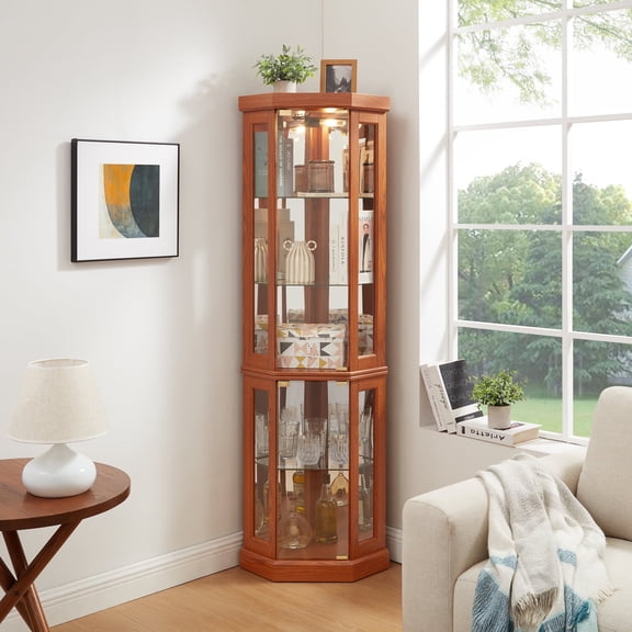 MDQMD 70'' Tall Curio Display Cabinet with Light,Corner Cabinet with Glass Doors & Adjustable Shelves for Living Room,Cherry