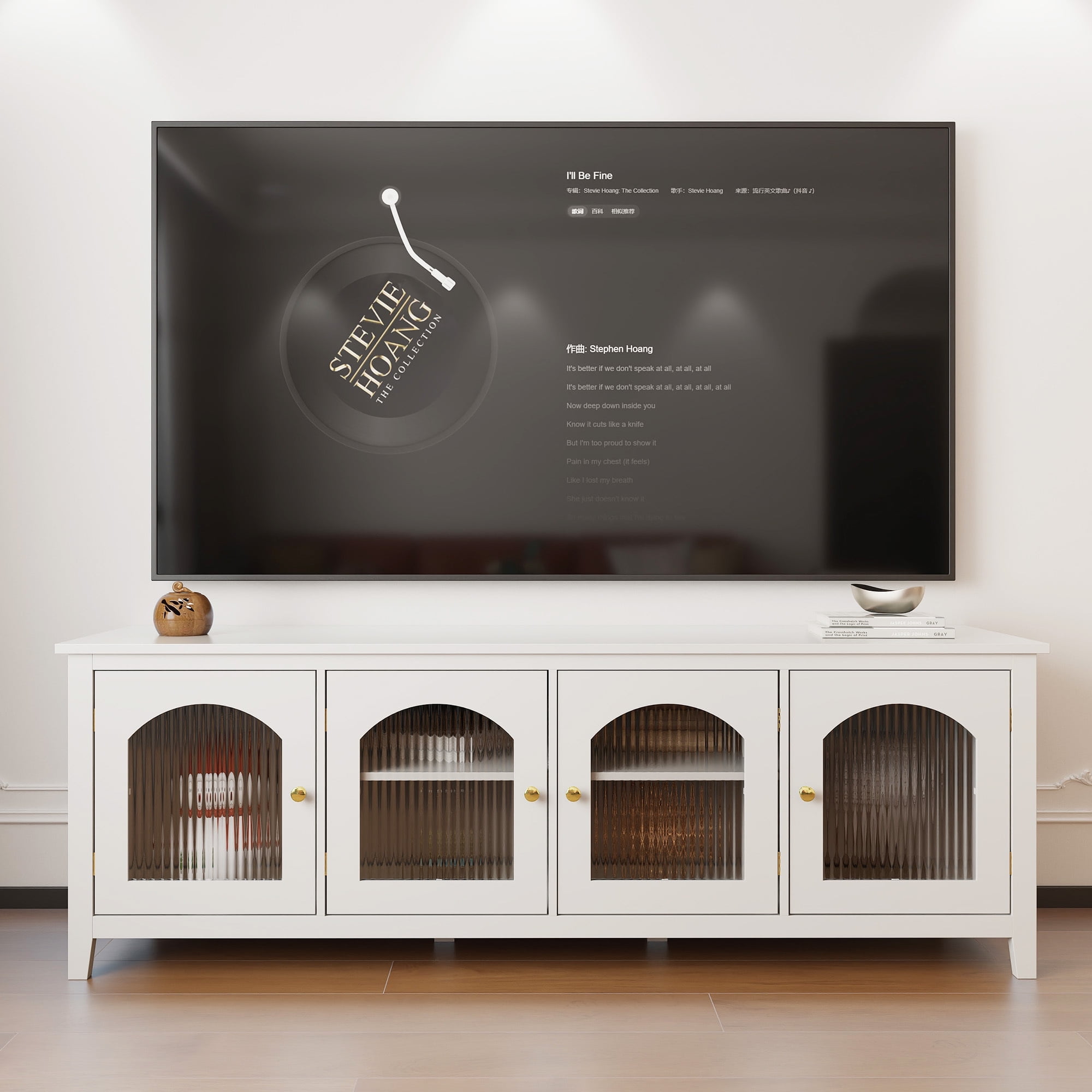 MDQMD 71-inch Antique White TV Media Console with 4 Arched Glass Doors ...