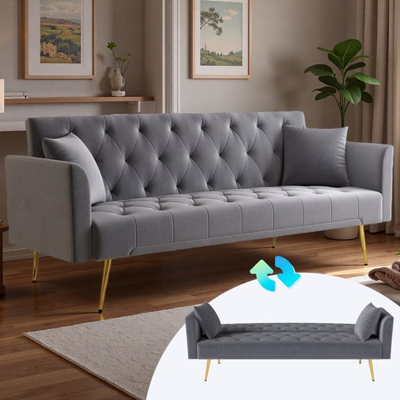 MDQMD 72" 3 Seater Gray Velvet Couch,Convertible Sleeper Sofa with Adjustable Backrest,Mid Century Modern Velvet Couch Tufted Button with Gold Legs,Upholstered Sofa for small living rooms, bedrooms