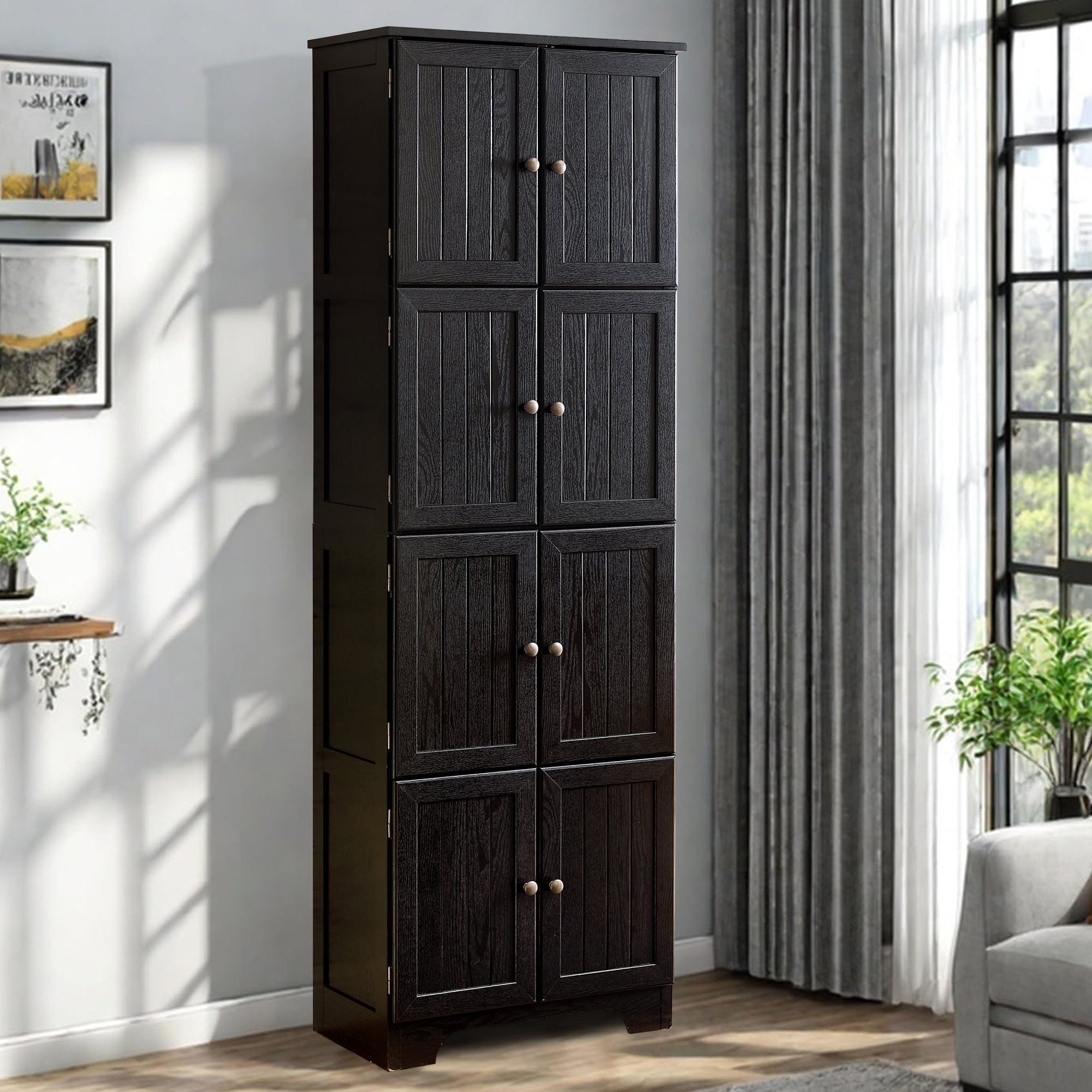 MDQMD 72.4'' Tall Storage Cabinet with Doors for Living Room,Kitchen Pantry Storage Cabinet,4 Tier Black Wooden Cabinet for Bathroom,Hallway
