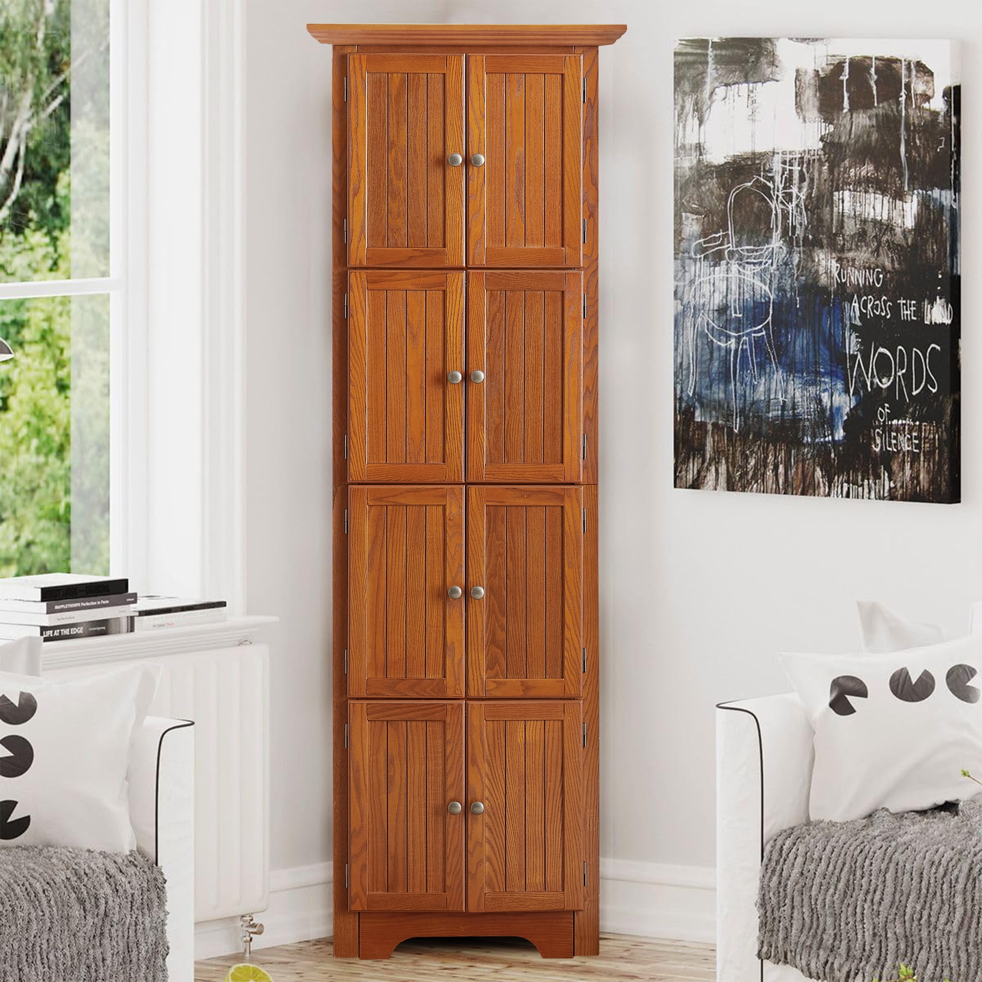 MDQMD 72'' Tall Corner Cabinet with Doors for Living Room, 4 Tier Pantry Cabinet for Kitchen Hallway,Oak