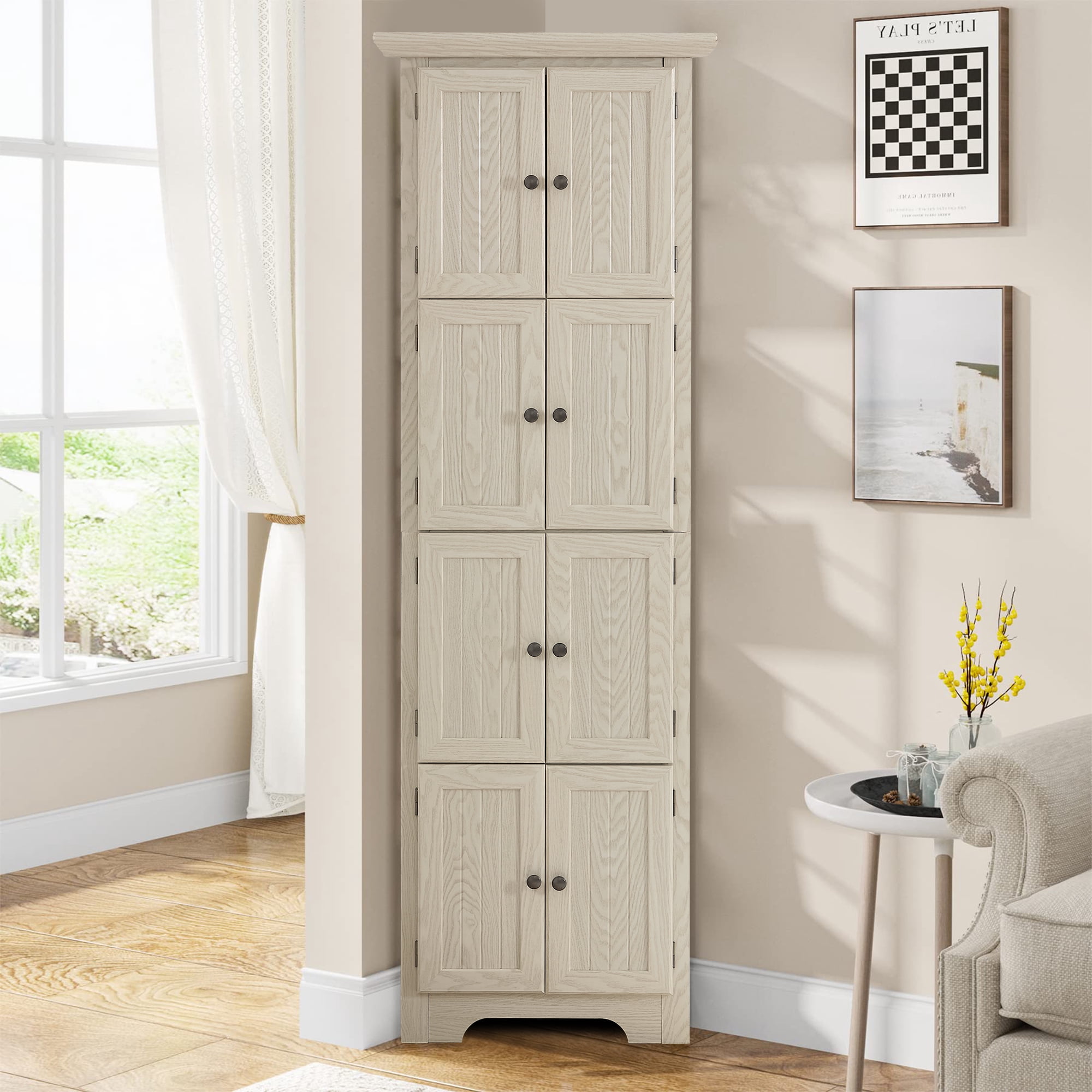 MDQMD 72'' Tall White Corner Storage Cabinet with Doors for Living Room,4 Tier Wood Pantry Cabinet for Kitchen,Freestanding Cabinet for Bathroom
