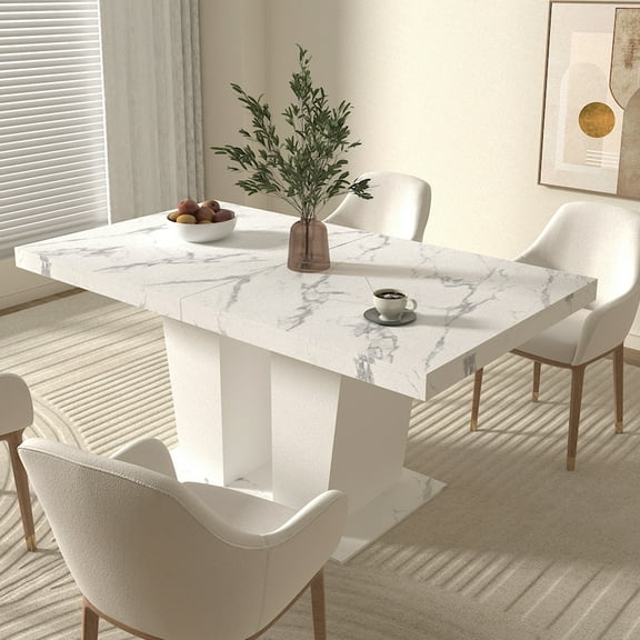 MDQMD 78.7" Extendable Dining Table for 4-10 Modern Expandable Kitchen Table with Black Double Pedestal Base White Marble Finish Particle Board Space-Saving Design