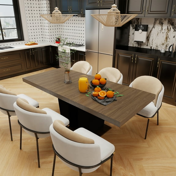 MDQMD 78.7" Extendable Dining Table for 4-10 Modern Expandable Kitchen Table with Black Double Pedestal Base Brown Particle Board Space-Saving Design