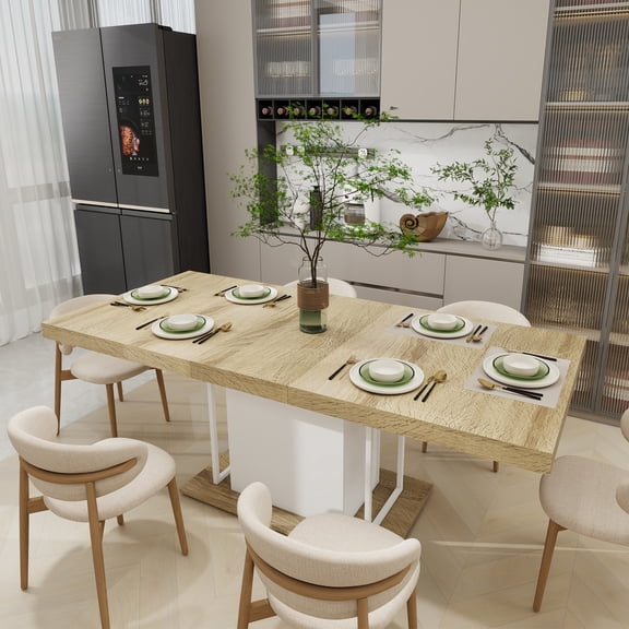MDQMD 78.7" Rectangle Extendable Dining Table for 6-10 People Modern Expandable Kitchen Table with White Pedestal Base Wood veneer Particle Board Space Saving Design