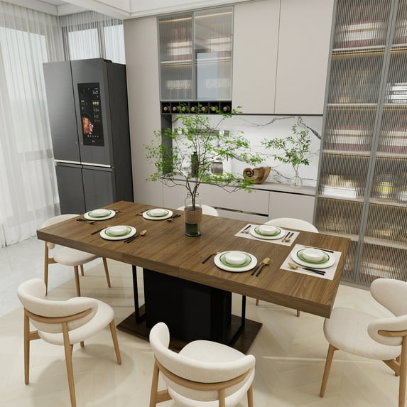 MDQMD 78.7" Rectangle Extendable Dining Table for 6-10 People Modern Expandable Kitchen Table with black Pedesta Base Brown veneer Particle Board Space Saving Design