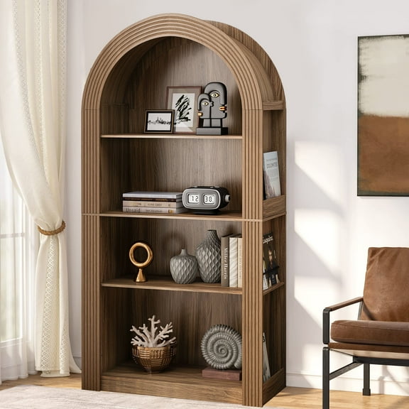 MDQMD 78.74" Tall Arched Bookcase, Mid Century Modern 4-Tier Arched Storage Cabinet with Open Shelf,Arch Fluted Bookcases for Living Room, Brown