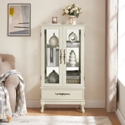 MDQMD Antique White Display Cabinet with Adjustable Glass Shelves and 1 Drawer,Small Curio Cabinet with Glass Doors and Light for Living Room