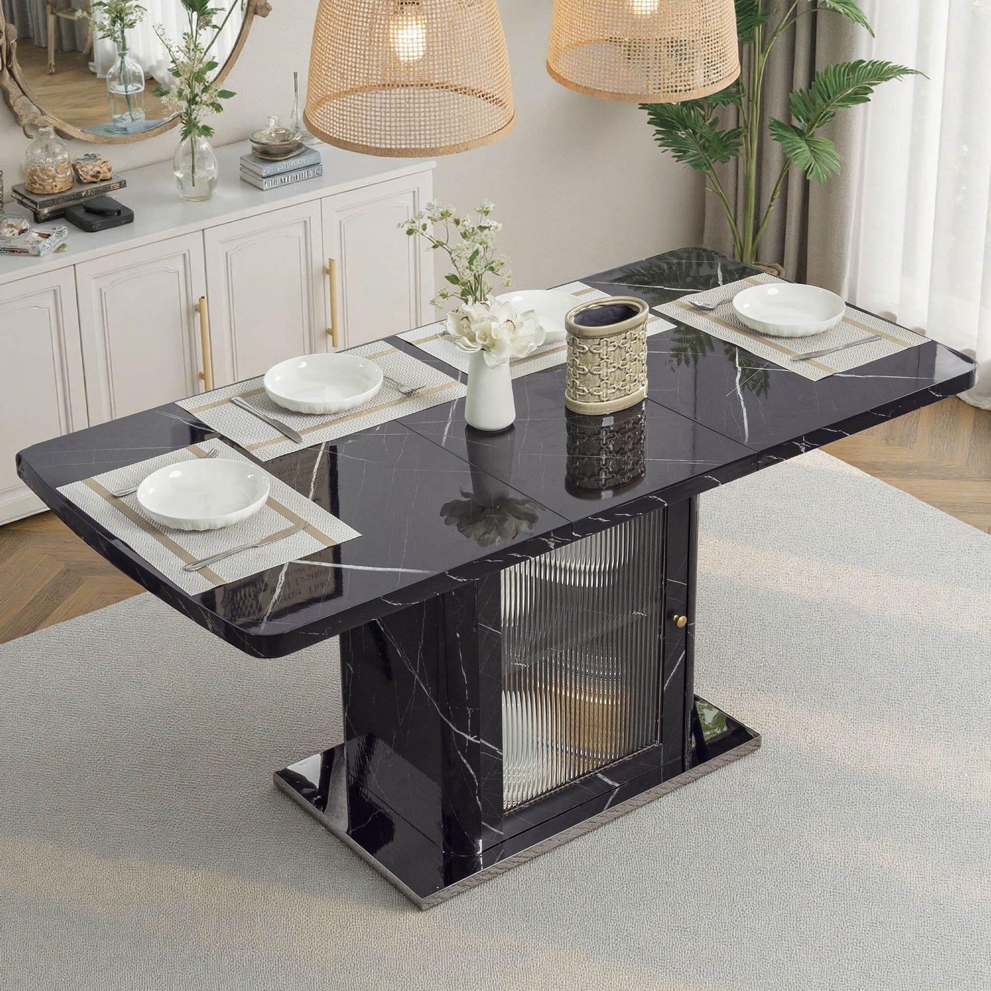 MDQMD Black Marble Top Dining Table Extendable,Modern Dining Table with ...