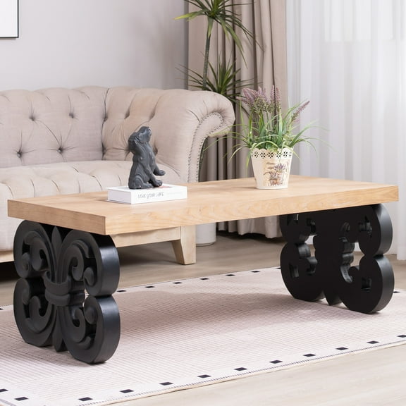 MDQMD Black Mid Century Modern Coffee for Living Room,Wood Rectangular Coffee Table with Carved Base for Home