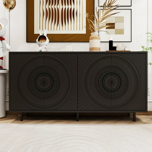 MDQMD Black Sideboard with 4 Carved Doors,Modern Buffet Sideboard with Large Storage,Buffet Console for Living Room