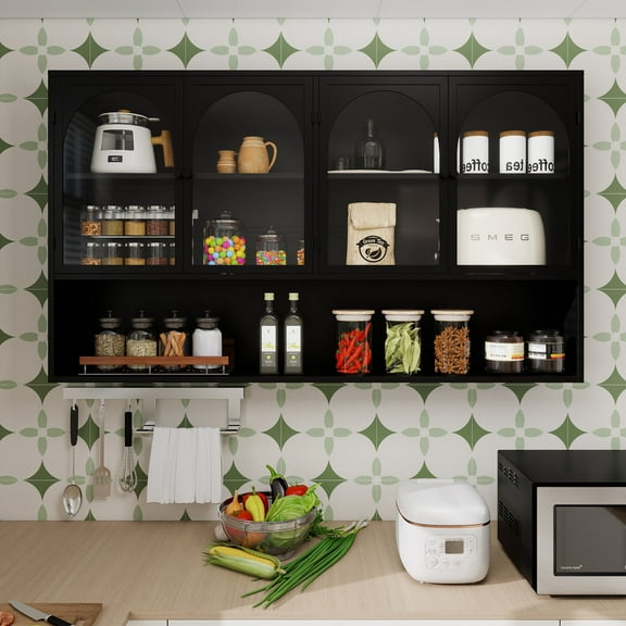 MDQMD Black Wall Mounted Disply Cabinet with Large Storage for Bathroom,Wall Cabinet with Glass Doors for Storage for Kitchen