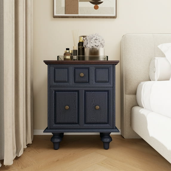 MDQMD Blue Nightstand with 2 Drawers,Vintage Bedside Table with Round Handle for Bedroom,Wooden Living Room End Table