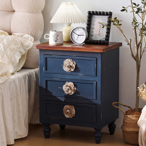MDQMD Blue Nightstand with 3 Drawers and Floral Knob,Wood End Table with Storage,Vintage Bedside Table for Bedroom