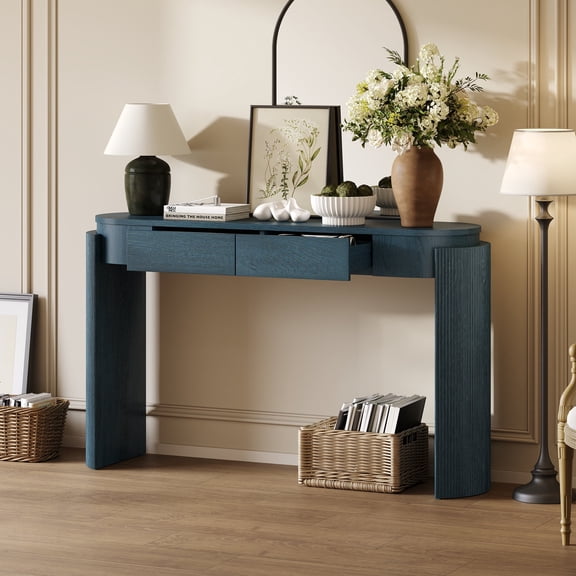 MDQMD Blue Textured Console Table with 2 Hidden Drawers for Entryway,Curved Sofa Table for Living Room