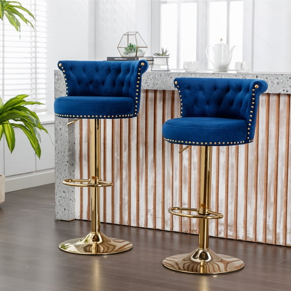 MDQMD Blue Velvet Bar Stools,Adjustable Height Bar Stools with Backrest,Swivel Accent Chairs for Kitchen, Cafe, Bar