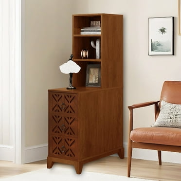 MDQMD Brown End Table with Shelves and Charging Station,Slim Tall Side Table with 3 Drawers for Living Room,Bedroom