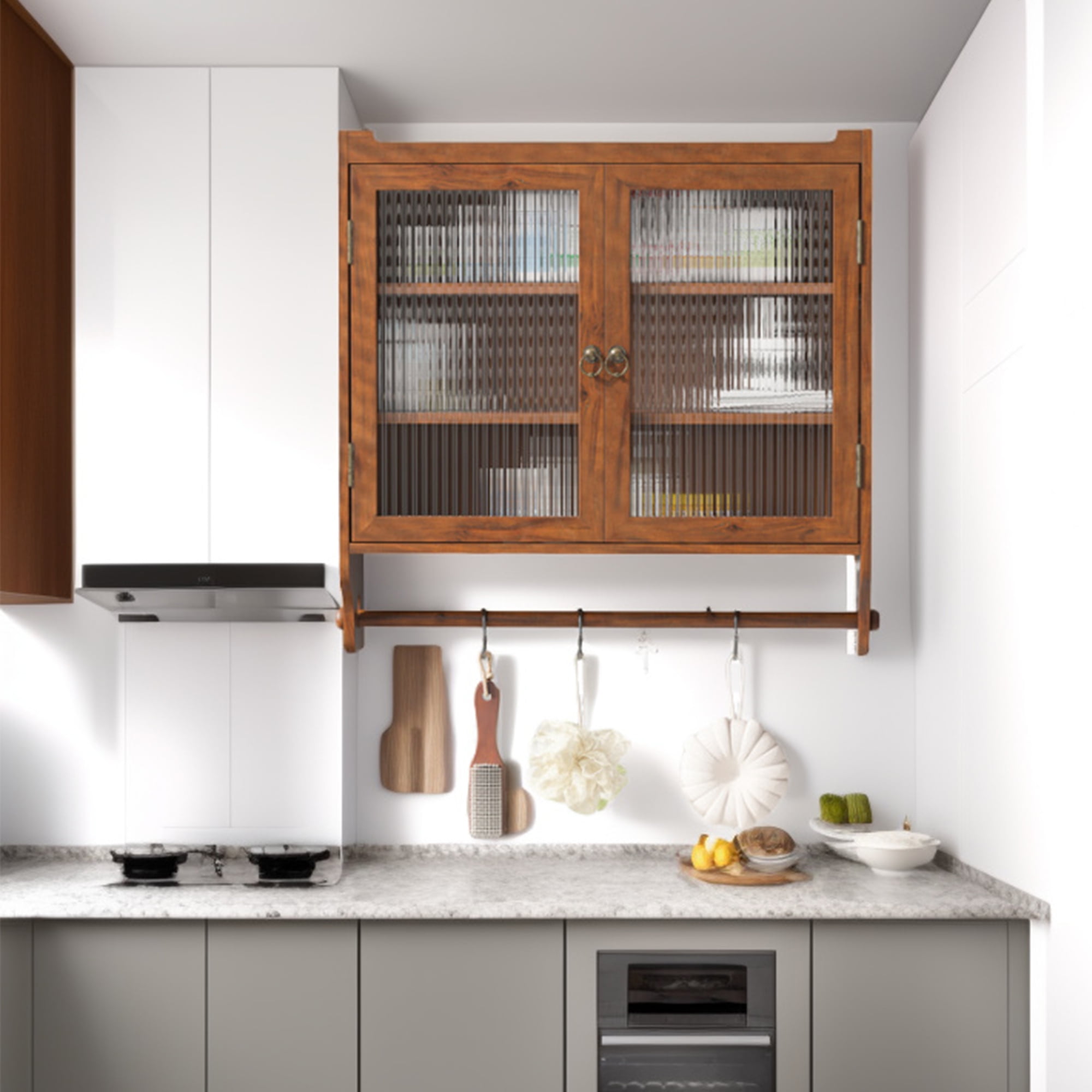MDQMD Brown Wood Bathroom Wall Cabinet with Glass Doors and Hanging Rack,Vintage Medicine Cabinet with 3 Shelves for Kitchen,Dining Room