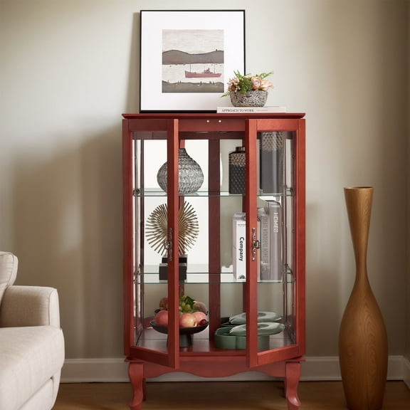 MDQMD Cherry Curio Cabinet with 2 Glass Doors,Storage Cabinet with 2 Adjustable Glass Shelves,Display Cabinet with Vintage Metal Handle and LED Light for Living Room