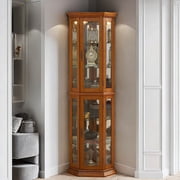 MDQMD Corner Cabinet with Vintage Handle for Living Room,Glass Door Wood Corner Cabinet,Curio Display Cabinet with Adjustable Shelves,Oak