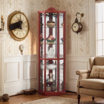 MDQMD Corner Display Cabinet with Led Light and Adjustable Glass Shelves,Bar and Liquor,Collectibles Storage Cabinet,Curio Cabinet with Carvings Decoration,Cherry