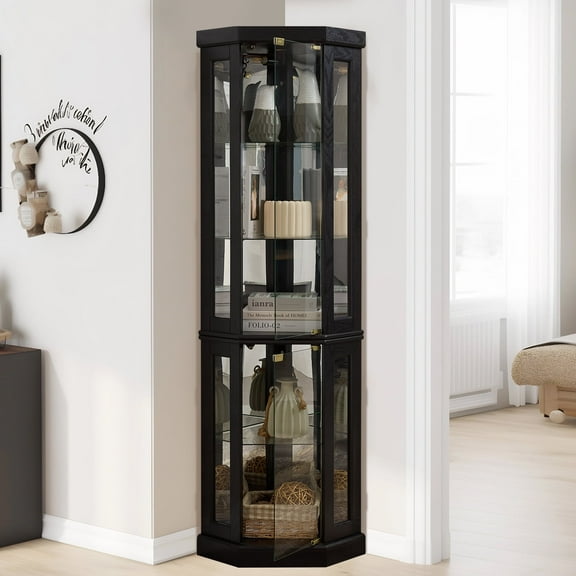 MDQMD Corner Display Cabinet with Lighted for Living Room,Black Curio Cabinet with Adjustable Shelves & Glass Door for Liquor Bar Storage