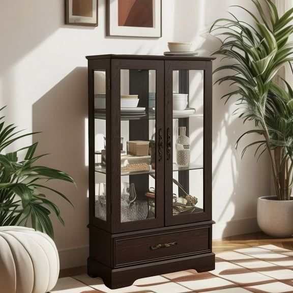 MDQMD Curio Cabinet with Light and Drawer,Storage CabinetGlass,Display Cabinet with 2 Adjustable Glass Shelves for Living Room,Dark Cherry