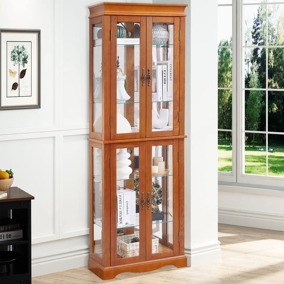 MDQMD Curio Cabinet with Lighted for Collections for Living Room,70'' Tall Display Cabinet with Adjustable Shelves & Tempered Glass Doors,Oak