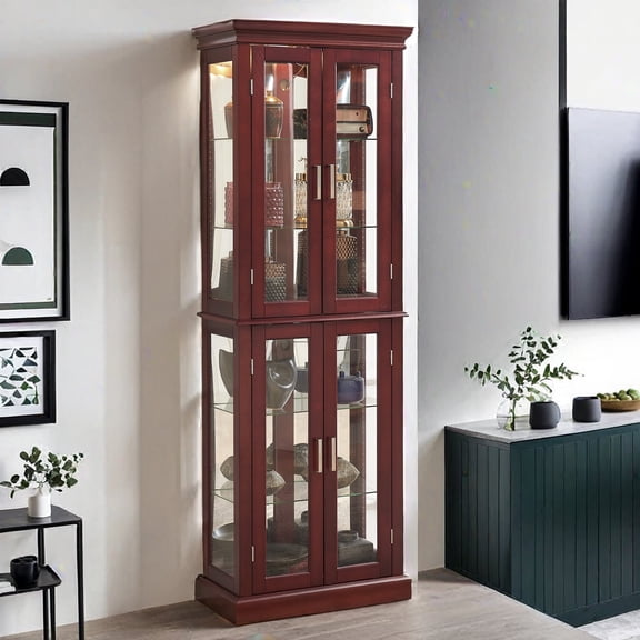 MDQMD Curio Display Cabinet for Living Room,Glass Doors Display Cabinet,Square Display Cabinet with 4 Adjustable Glass Shelves for Storage,Cherry
