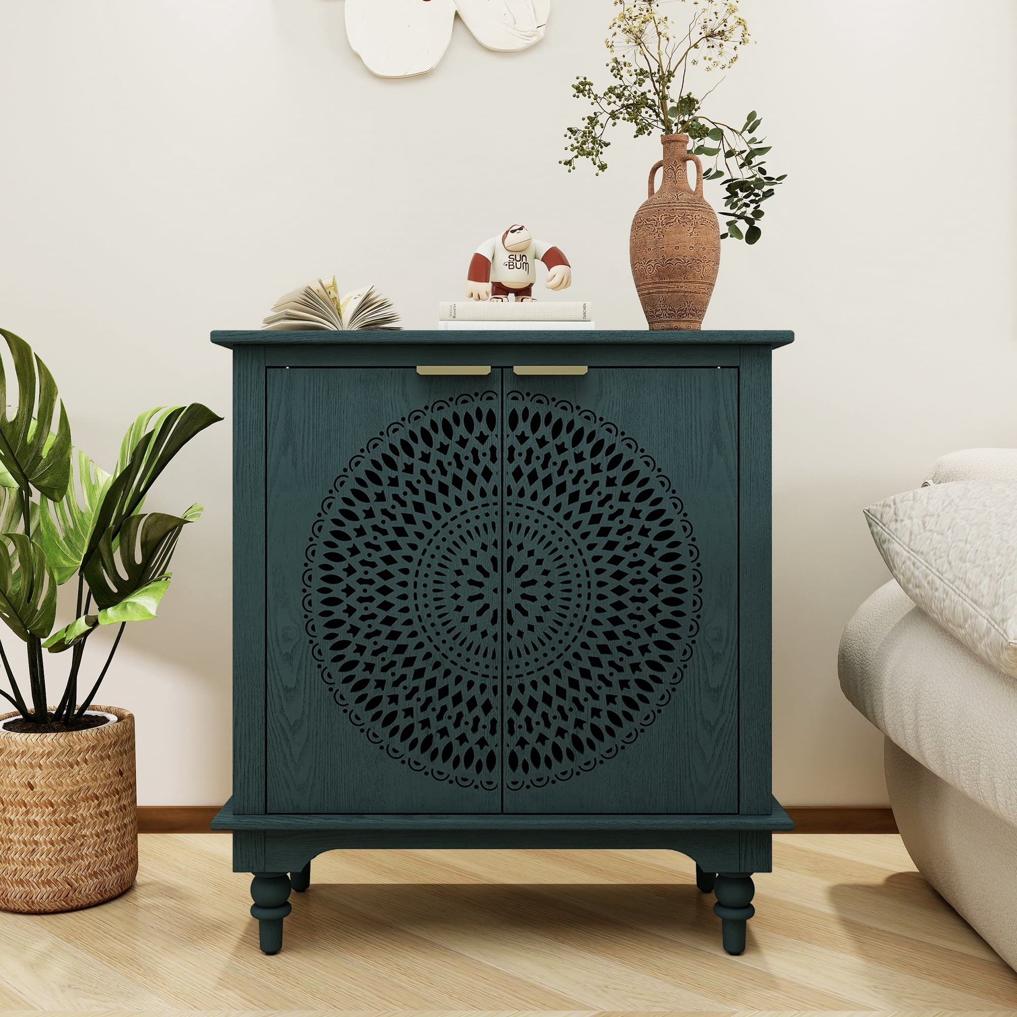 MDQMD Dark Green Accent Cabinet with Carved Doors,2-Door Storage ...