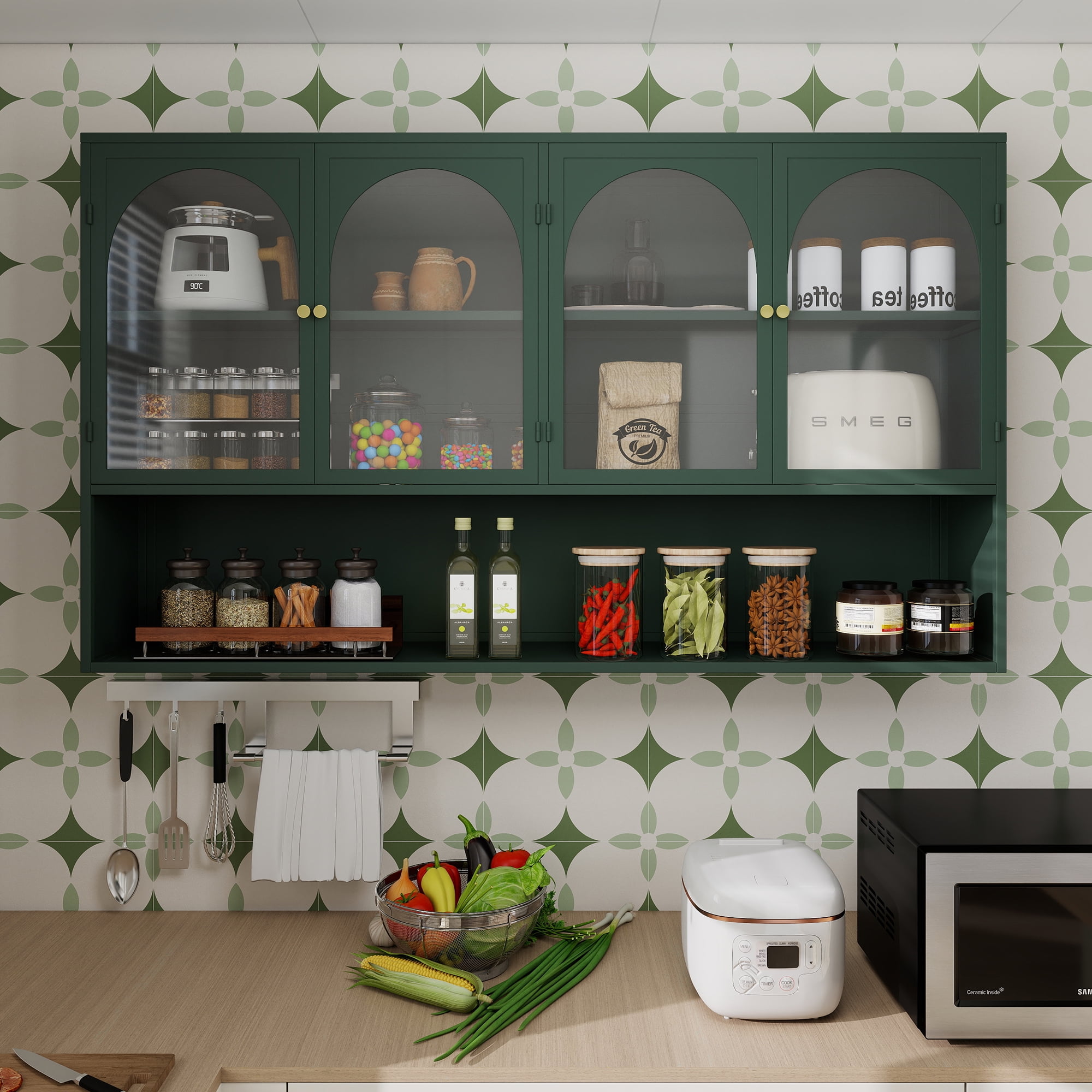 MDQMD Dark Green Wall Mounted Display Cabinet with Open Shelf for Kitchen, Wall Cabinet with Glass Doors and Gold Handle for Bathroom