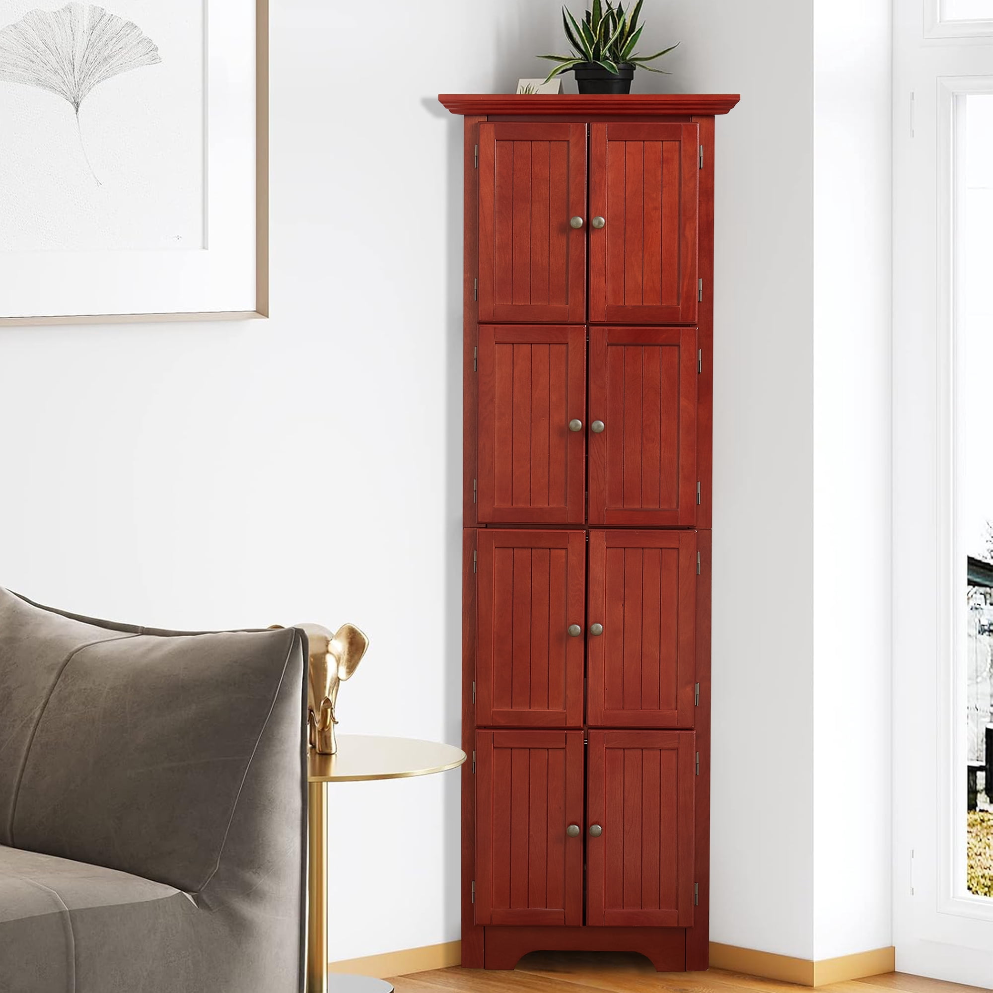 MDQMD Farmhouse Corner Storage Cabinet with Doors,4 Tier Pantry Cabinet for Kitchen,72'' Tall Barthroom Cabinet,Cherry