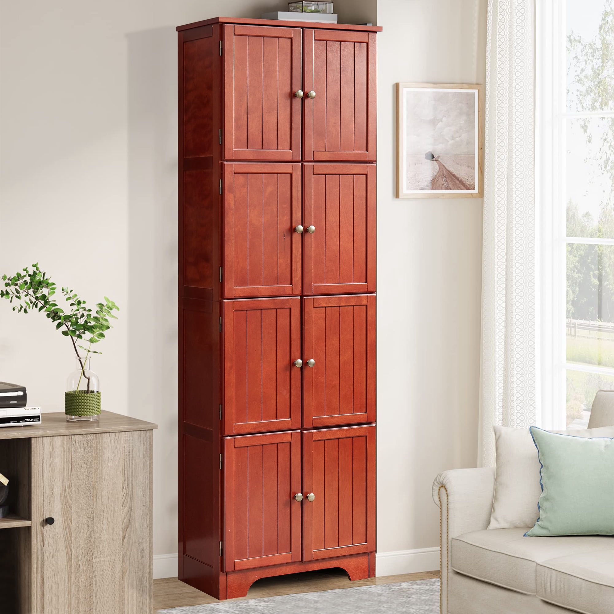 MDQMD Farmhouse Storage Cabinet with Doors and Shelves,72.4'' Tall Kitchen Pantry Cabinet,Wooden Bathroom Cabinet for Hallway,Cherry