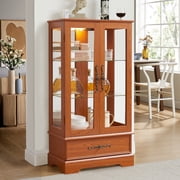 MDQMD Glass Display Cabinet with Adjustable Glass Shelves,Curio Cabinet with Light and Drawer,Storage Cabinet for Living Room,Dark Oak