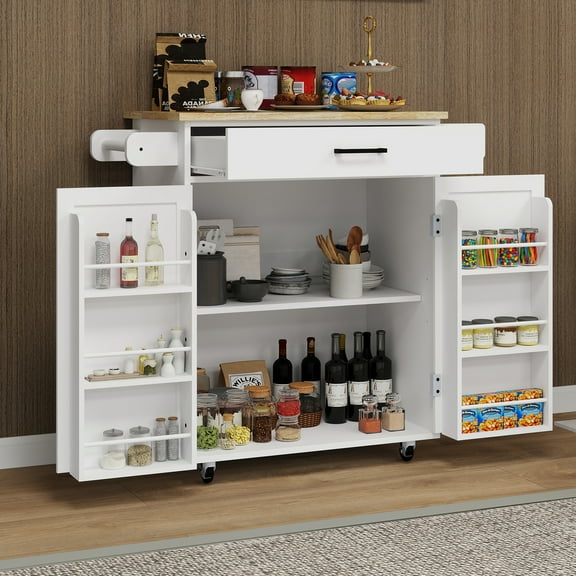 MDQMD Kitchen Carts on Wheels,Kitchen Island Cart with 1 Drawer & 2 Doors with Spice Rack & Towel Rack,Large Storage Cabinet White