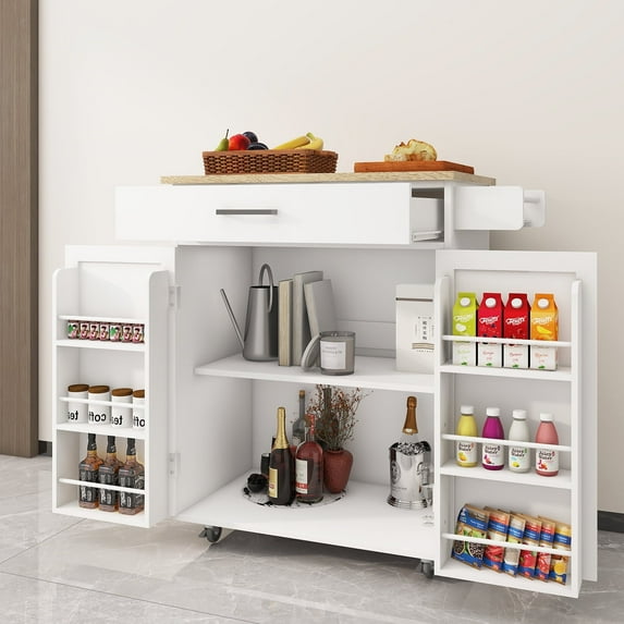 MDQMD Kitchen Island on Wheels, 2-Door Cabinet, Storage Drawer, Open Shelf, Kitchen Storage Island with Large Worktop,Kitchen Serving Cart for Dining Room Bar (White)