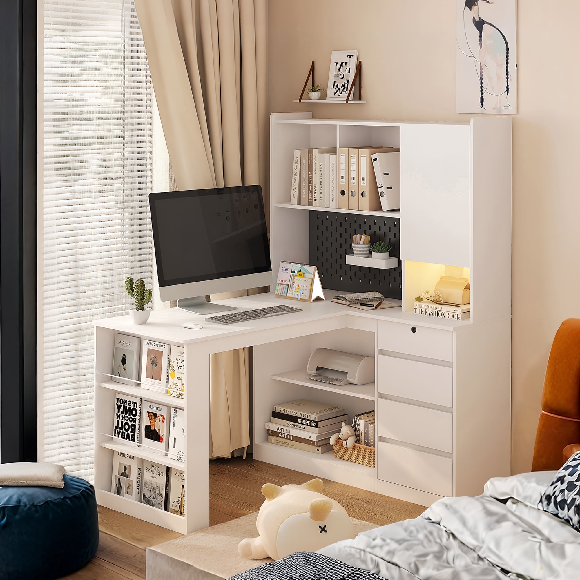 MDQMD L Shaped Computer Desk with 4 Drawers,White Home Office Desk with Power Outlet and Bookshelves,Corner Gaming Desk with Hutch