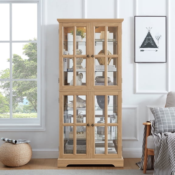 MDQMD Light Oak Tall Storage Curio Cabinet with 4 Adjustable Glass Shelves and Led Light, Wooden Display Storage Cabinet with Glass Doors for Living Room