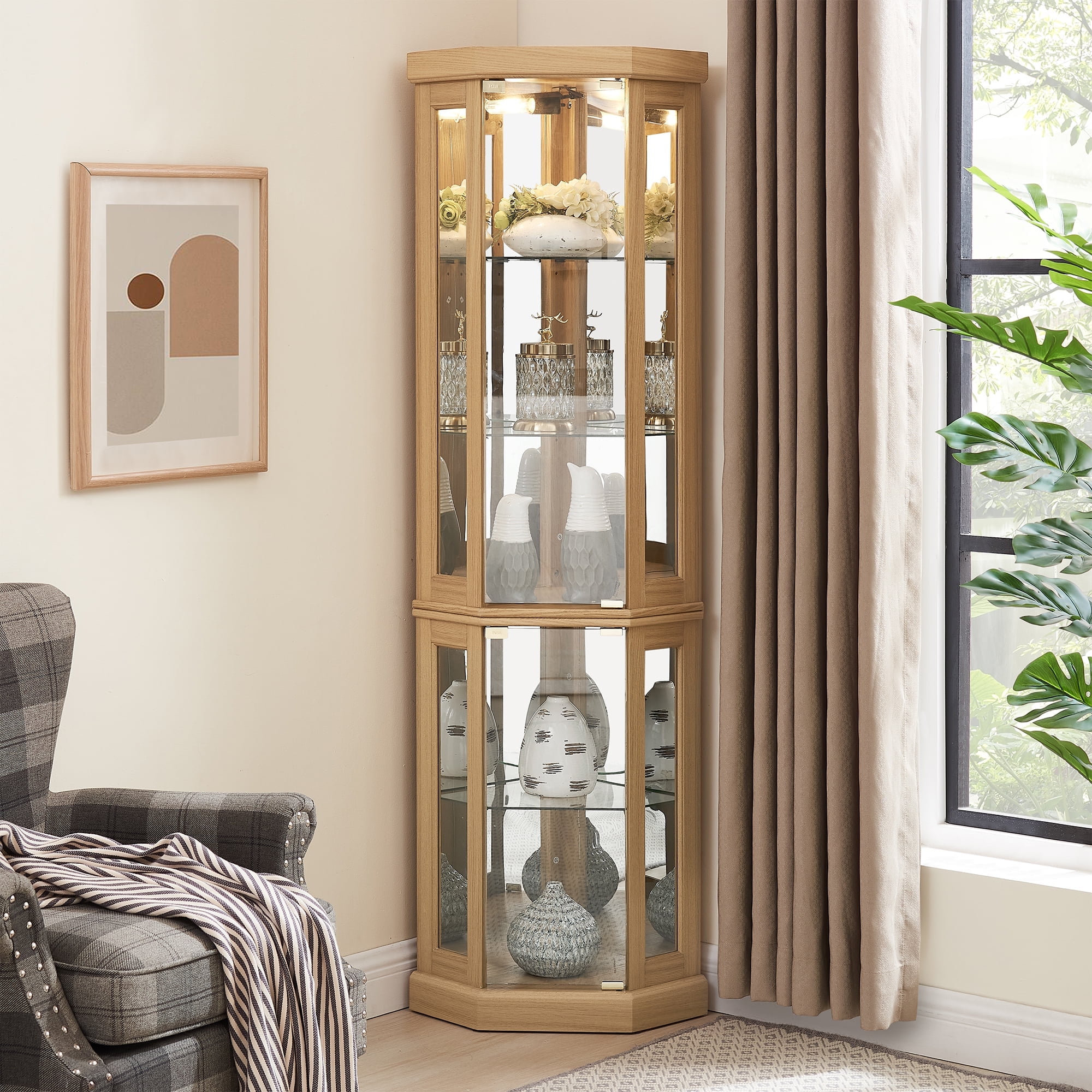 MDQMD Lighted Light Oak Corner Cabinet with 3 Adjustable Glass Shelves ...