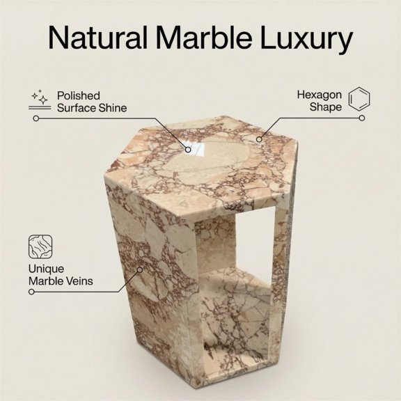 MDQMD Luxury Small Side Table Pink,Genuine Marble Side Table with Natural Veining,Modern Hexagon End Tables with Polished Finish,Compact Accent End Table Small for Living Room
