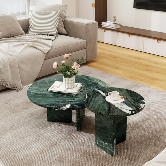 MDQMD Marble Nesting Coffee Table Set of 2,Green Round Coffee Table for Living Room, Unique Texture Center Table for Home